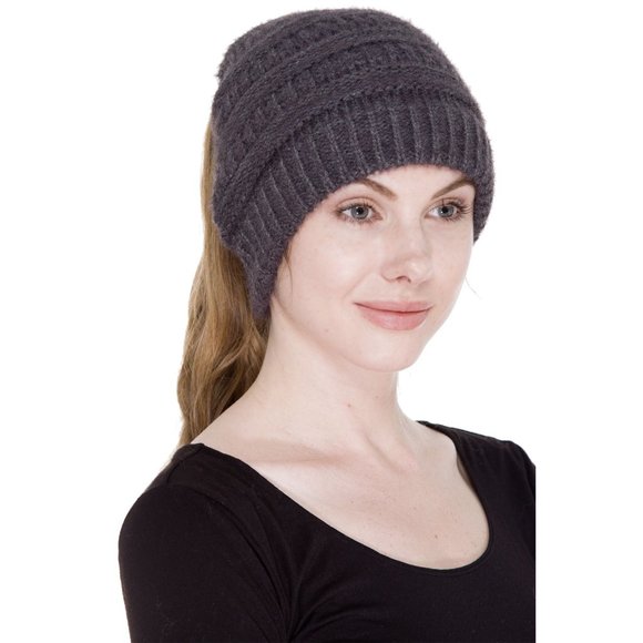 WOMENS GRAY KNITTED PONYTAIL BEANIE - NWT - OSFA - Picture 3 of 7